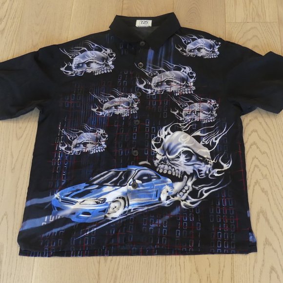 725 Originals Vintage Skulls Black Medium Short Sleeve Button Down Shirt - Picture 1 of 6